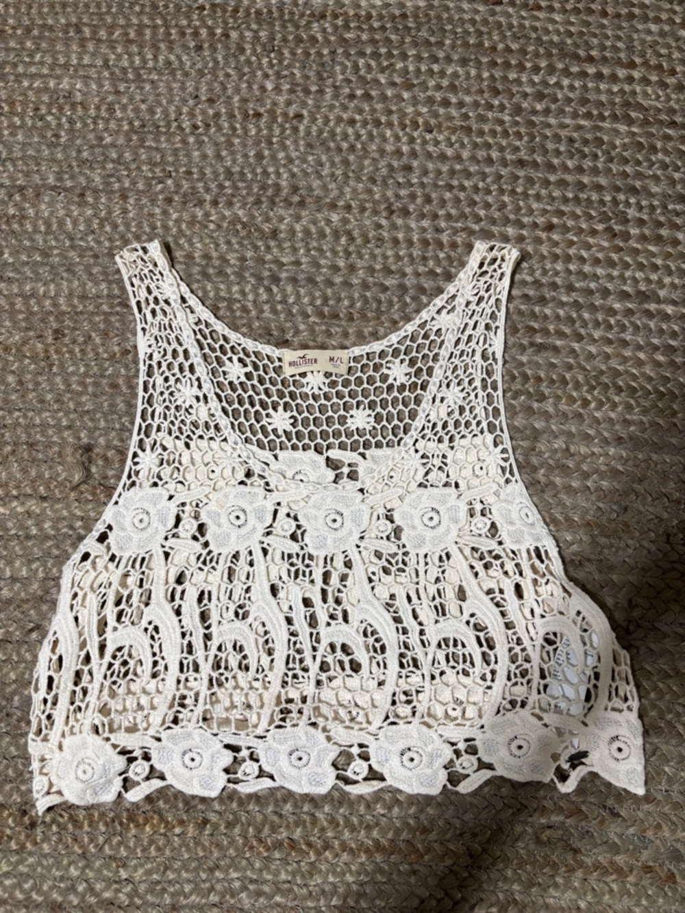 Hollister Cream Crochet Lace Boho Crop Tank Top M/L Festival Beach